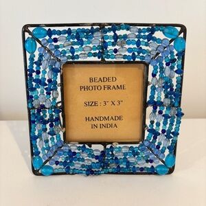 PIER 1Imports vintage beaded picture frame metal & blue beaded photo frame 3"x3"